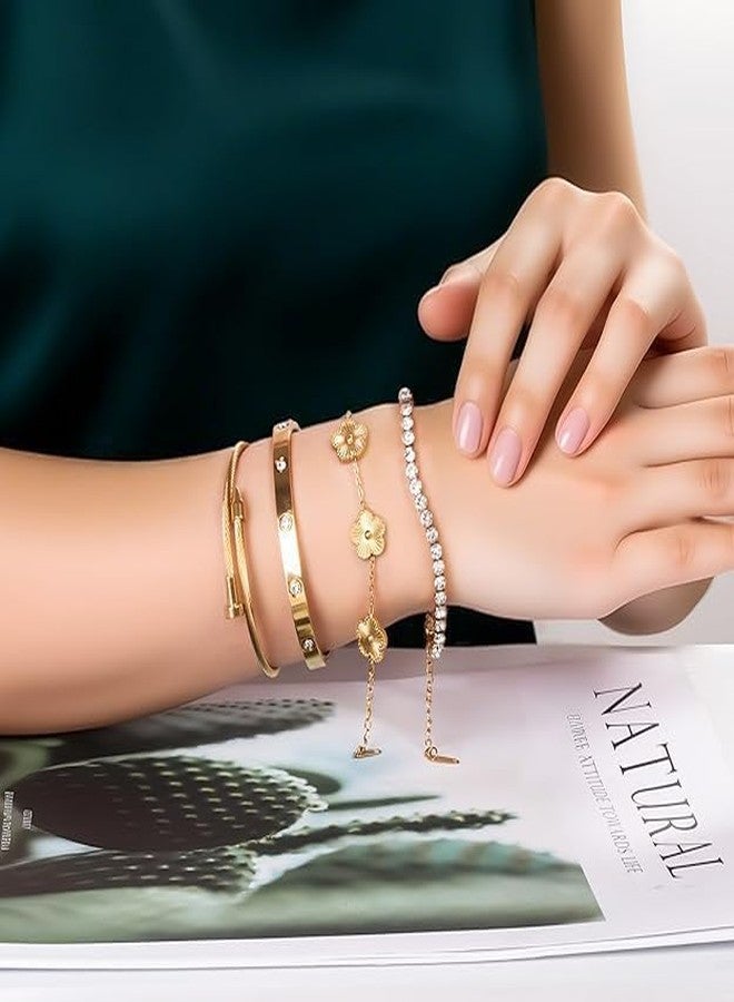 WEBUEP 18K Gold Plated Floral Bangle Bracelet Set for Women - Elegant Love Design (4-Piece) - Image 3